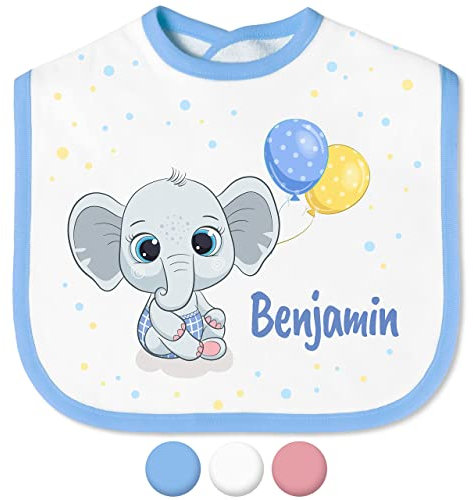 Babylätzchen mit Namen für Mädchen & Jungen – Lätzchen für Baby & Kleinkind personalisiert - mit Klettverschluss – Spucktuch Latz Kinderlätzchen - Geschenk für Kleinkinder (Elefant, Windel, Blau)