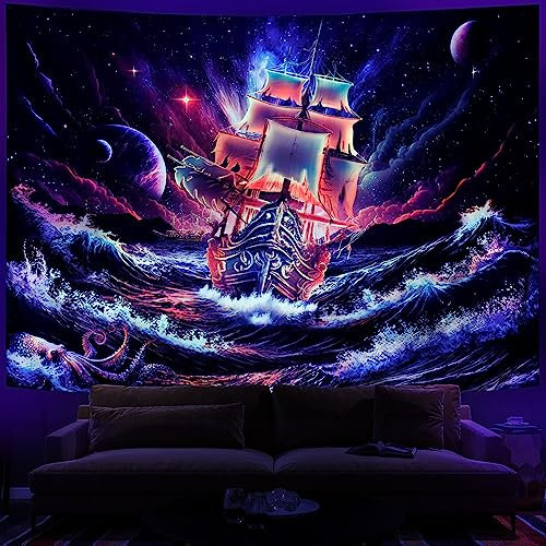 Leofanger Schwarzlicht-Galaxie-Wandteppich, Trippy Planet, UV-reaktives Neon, Ozeanwelle, Oktopus, Wandteppich, tolle Wellen, Sternenhimmel, Wandbehang für Heimdekoration (150.1x199.9 cm)