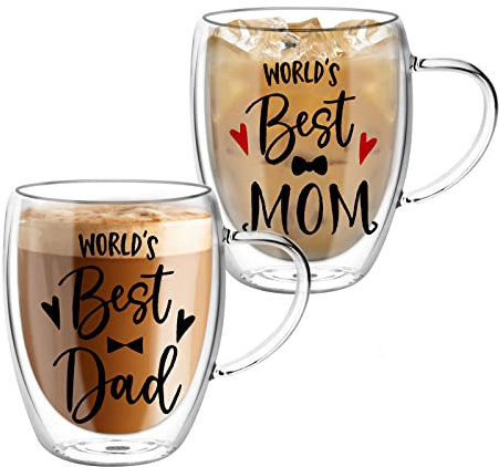 2 Pack Double Walled Coffee Cups for Mom and Dad - 350ml Glass Mugs Set, Glass Tea Cups Gift for Parents, Insulated Latte Glasses with Handles, Heat Resistant Coffee Cup Mum Gifts