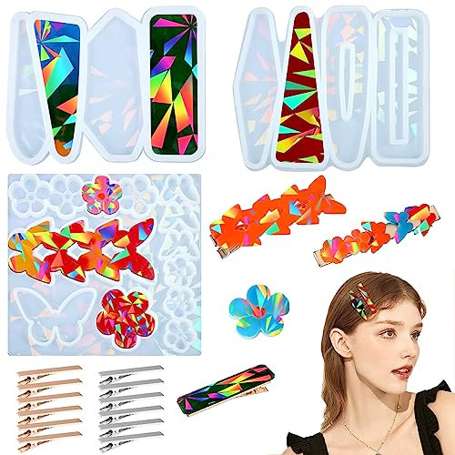 Souarts Resin Silikonform Epoxidharz Formen Silikon Holografisch, Silikonform Schmetterling Haarklammer Haarspange zum Selber Machen Set Groß Dickes Haar für Mädchen Damen (Blau 3+12PCS)
