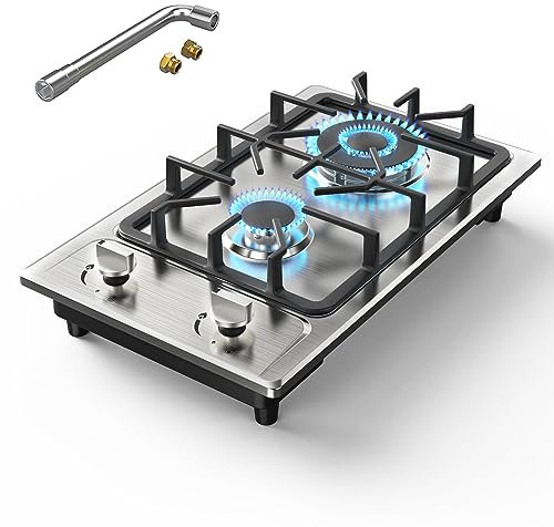 Nafewin - Estufa de gas, 2 quemadores, estufa de propano, 12 pulgadas, estufa de gas, portátil, de acero inoxidable, con protección de termopar, Lpg/Ng, doble combustible, para apartamentos