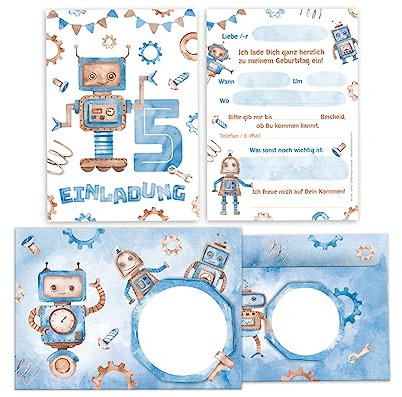 Minkocards 10 Einladungskarten incl. 10 Umschläge zum 5. Kindergeburtstag Junge Roboter Einladungen zum fünften Geburtstag Kinder Einladungsset