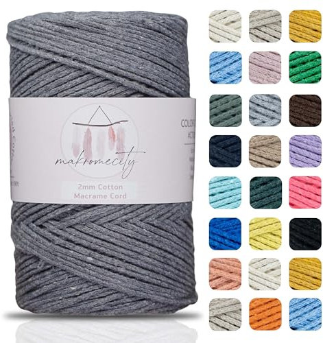 Makromecity, Cotton Macrame Cord 2mm x 195 yards (590 feet) 2mm Recycled Cotton Crochet Yarn for Macrame Art & Crafts for Wall Hangings, Bags, Underplate, Rug (25 Colors Available) (Dark Grey)