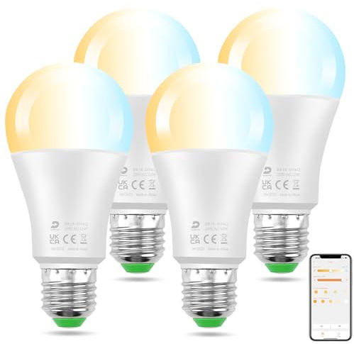 DUSKTEC Bombilla LED E27, Bombilla Inteligente Alexa Bluetooth, 12W (Equivalente a 100W) 1000 Lúmen, Luz Regulable Blanca Cálida a Fría 2700K a 6000K, Compatible con Alexa, Control APP, Paquete de 4