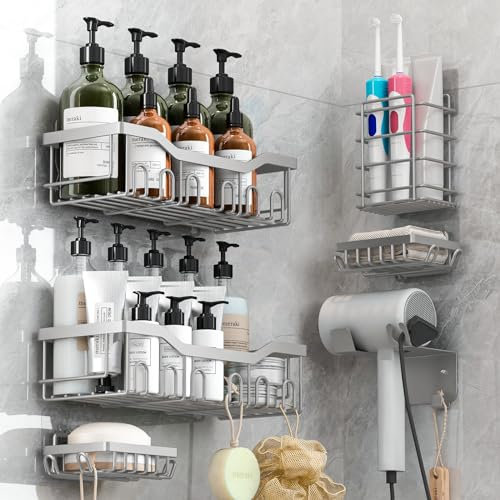 rigors Duschablage ohne Bohren, 6 Stück Badezimmer Regal mit Haartrocknerhalter und Haken, Duschregal Edelstahl Duschkorb Wandhängend, Selbstklebend Badezimmer Organizer für Bad und Küche Silber