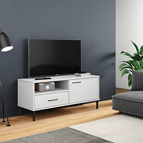 FIRBNUS Meuble TV Oslo avec pieds en métal - 106 x 40 x 46,5 cm - Blanc - Bois de pin massif - Meuble TV bas - Commode en bois de pin - Commode TV - Buffet en bois de pin industriel