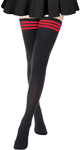 AQOKKA Extra lange Oberschenkelhohe Socken für Damen, gestreift, Overknee-Socken, lange Stiefel, Oberschenkelhohe Strümpfe, Beinstulpen, 1 Paar, extra lang: schwarz mit roten Streifen, Extra Long Size