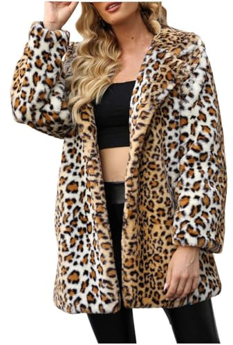 Kunstfell Winterjacke Damen Modische Leoparden Jacke Kunstpelz Übergangsjacke Warme Wintermantel Lange Pelzmantel Große Größen Fellmantel Winter Felljacke Langarm Revers Pelzjacke Mantel Streetwear