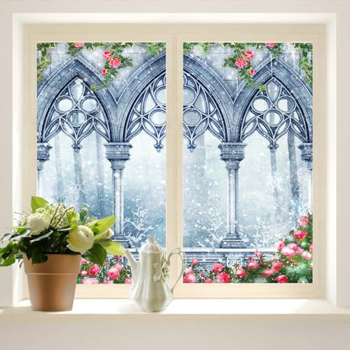 COALHO Fantasy Castle Fensterfolie für Zuhause, Vintage, Mitte des Jahrhunderts, Gothic, Winterwald, Schloss mit roter Rose, geeignet für Wohnzimmer, Küche, Badezimmer, 45 x 60 cm, 2 Stück