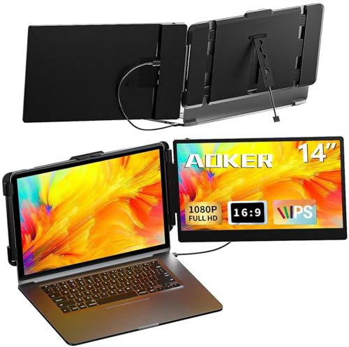 AOKER Extensor de Pantalla portátil,Monitor portátil de 14 Pulgadas para portátil FHD 1080P IPS Monitor Doble,HDMI/USB-A/USB-C Plug-Play Accesorio de Monitor portátil para Windows, Chrome, Mac y NS