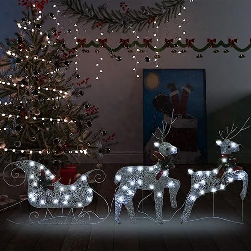 Homgoday LED Rentier, Weihnachtsdekoration, Rentier und Schlitten LED, Schlitten und Rentiere, 60 LEDs, für drinnen und draußen, Baum, Rasen, Garten, 2 und Silber