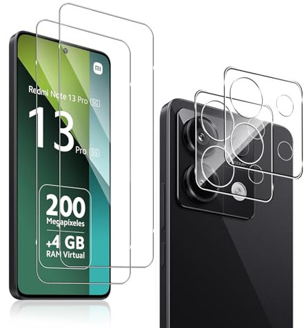QULLOO [2+2 Piezas Protector de Pantalla para Xiaomi Redmi Note 13 Pro 5G (Non para Redmi Note 13 Pro 4G) & Protector de Lente de cámara, 9H Dureza Vidrio Templado Sin Burbujas Film Cristal Templado