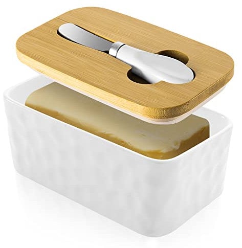 Dyserbuy Butter Dish with Lid, 650ml Ceramic Butter Dish, Porcelain Butter Container with Knife, Butter Keeper for Countertop, Perfect for East West Coast Butter, White