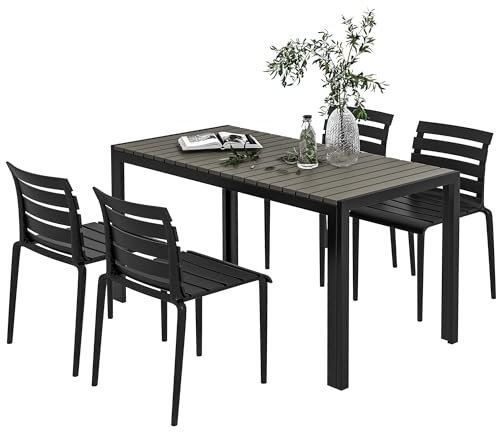 Outsunny Set da Giardino 5 Pezzi con Tavolo e 4 Sedie Impilabili, Salotto da Esterno in Acciaio e Tavolo a Doghe in Plastica, Nero