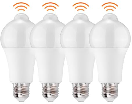 Powstro LED Smart Motion Light Bulbs - E27 PIR Light Sensor Bulb 12W Cool White 6500K Auto On/Off Night Lamp for Stairs, Garage, Corridor, Walkway, Yard, Hallway, Patio, Carport (4 Pack)