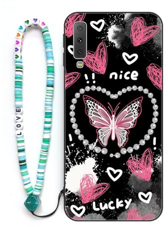 Sinyunron Hülle Kompatibel mit Samsung Galaxy A7 2018,Handyhülle 2-in-1 Hybrid Set [Stoßfeste TPU Schutzhülle+Gemusterte Rückseite],Handy Schutzschale mit Buntes Schlüsselband,Schmetterling-02