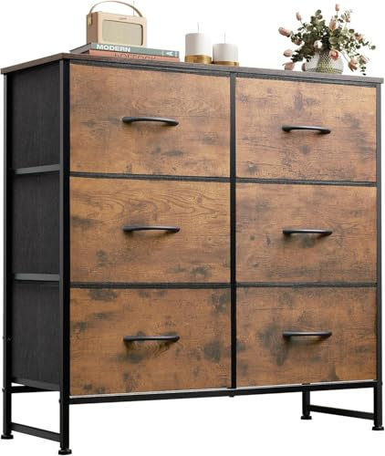 WLIVE Chest of Drawers with 6 Drawers, Fabric Drawers with Easy Pull Handle, Wood Top and Sturdy Steel Frame for Bedroom, Living Room, Kids Room, Rustic Brown