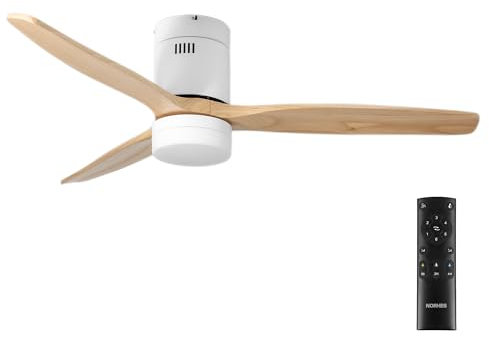 NORHES Kent Ventilador Techo Blanco/Madera Clara. 3 Aspas Ø132cm. Luz Led 20W Neutra/Cálida/Extra Cálida. Motor DC. Verano/Invierno. 6 Velocidades. Control Remoto Temporizador. Silencioso. Brisa