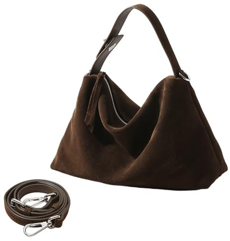 Tragetasche aus Echtem Leder für Damen, Wildleder-Geldbörse, Handtasche, Vintage, Slouchy, Hobo, Umhängetasche, Dunkelbraun
