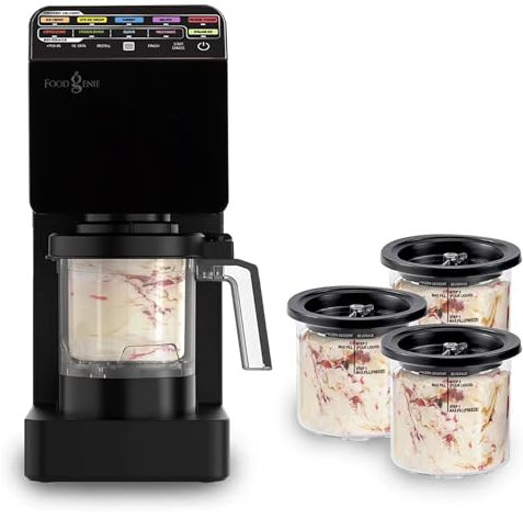 Food Genie: Dessert Station - Negro - Máquina 11 en 1 para helados y golosinas heladas, (3) tarros de 16 onzas, batidos de sorbete y más, motores de doble accionamiento