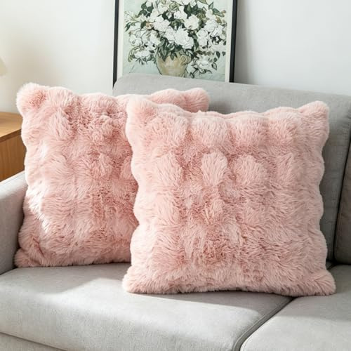 NIULAA 2er Set Deko Kissenbezug 45x45 Rosa Weich Kunstpelz | Kissenbezüge Flauschig Luxus Plüschkissen Quadratisch Kissenhülle Pelz Dekokissen Sofakissen Aesthetic Kuschelig Kissen