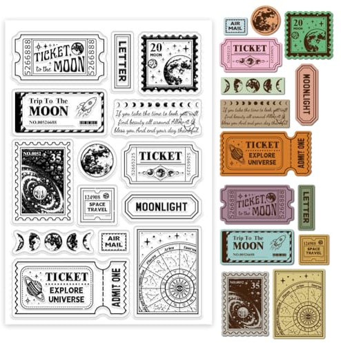 GLOBLELAND Moon Tickets Transparente Silikonstempel Retro Galaxie Klare Stamps Porto Silikonstempel Für Kartengestaltung DIY Prägung Journaling