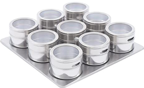 Qussse 9 Stück Gewürzdosen-Set Magnetisch aus Edelstahl mit Halter Ständer, 9 Gewürzstreuer und 1 Lagerplatte, Gewürzdosen Magnetisch 70ml x 9
