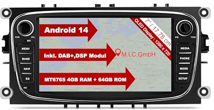 M.I.C. AF7-L2 Android 14 Autoradio mit navi: MediaTek MT6765V 4G+64G;7 QLED Display;4G SIM,Carplay,Android Auto,DAB+,Bluetooth 5,WiFi,GPS: Ersatz für Ford Focus mk2 Mondeo Cmax Galaxy Smax