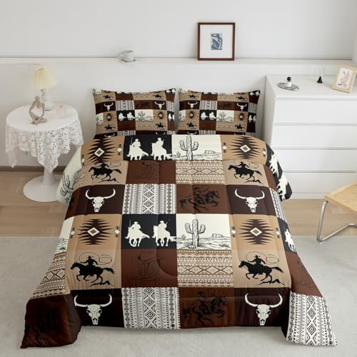 Feelyou Cowboy-Bettwäsche-Set für Kinder, volle Größe, Western-Bettwäsche-Set, Südwestliches Schmusetuch für Kinder, Jungen, Mädchen, Boho-Azteken-Bettbezug, Erwachsenen-Schlafzimmer-Dekor, 3-teilig