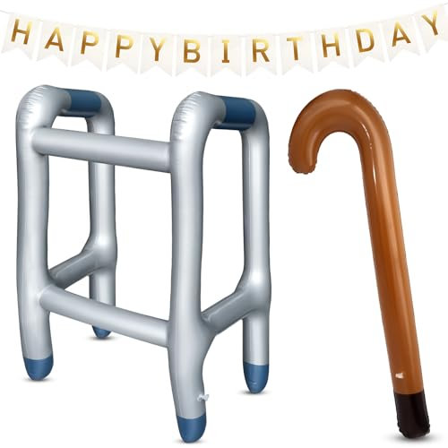Aufblasbare Gehhilfe und Aufblasbarer Gehstock, Rollator Aufblasbar mit Geburtstagsbanner, Rentner Kostüm, Lustig Kostüm als Opa Oma zum Cosplay Karneval Fasching Oder als Gag zum Geburtstag