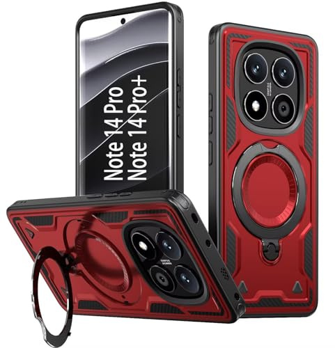 KANSi Cover per Xiaomi Redmi Note 14 Pro 5G/4G, Redmi Note 14 Pro+ (Plus), Poco X7 5G, Custodia Protettiva per Smartphone con Anello Rotante - Antiurto Bumper Rosso