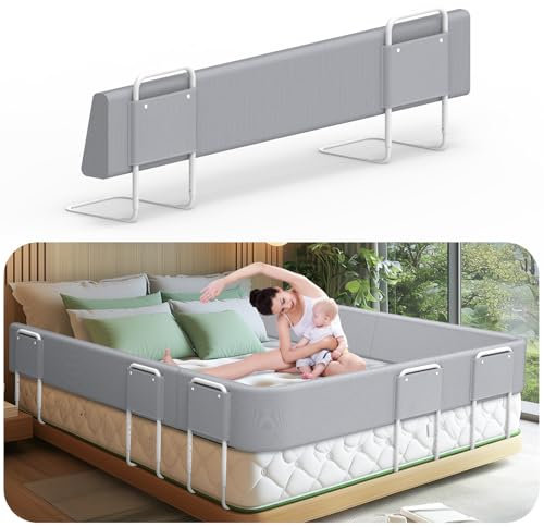 Kuro-sagol Barrera de Seguridad para niños – Barrera de Cama para niños con protección de Bordes, Seguridad para Cama Infantil, Altura Ajustable 40-60 cm, Desmontable, portátil, Gris, 150cm