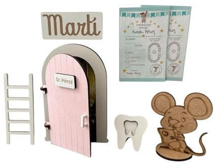 Puerta Ratoncito Pérez Personalizable Con Nombre,SE ABRE, color ROSA-Con 4 certificados+Escalera+Felpudo personalizado+Caja para diente y opción si quieres a ratón. Puerta mágica.Casita Ratoncito