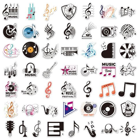 AKSIQIOL 50 Pcs Black Music Note Stickers, Vinyl, Perfect for Water Bottles, Laptops, Skateboards, Guitars, Cute Aesthetic Fun Stickers