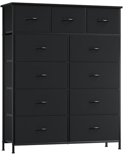 Somdot Kommode mit Schubladen, Stoffkommode, Kommode für Schlafzimmer Wohnzimmer Flur, Komodenschrank Schubladenschrank Aufbewahrungsschrank, 11 Stoffschubladen, Schwarz