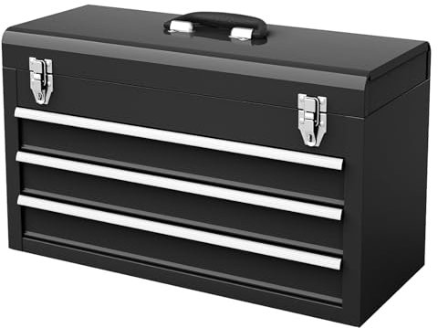 TANGZON 3 Drawer Tool Chest, Lockable Metal Tool Box with Double Latch System, Ball Bearing Slides, EVA Liners & Carrying Handle, Portable Toolbox Tool Storage Cabinet, 52 x 22 x 31cm (Black)