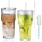 ZHYOPING 2PCS 550ml Ribbed Glass Tumbler with Straw and Lid, Reusable Iced Coffee Cup, Iced Latte Glass, Smoothie Cup, Leakproof Clear Water Cups for Tea, Juice, Milk, Soda, Cocktail, Whiskey