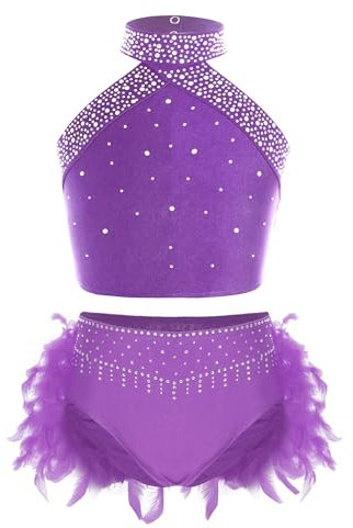 TiaoBug Abito da Pattinaggio Artistico Bambina Vestito da Balletto Ballo Latino Americano con Strass Crop Top Collo Halter Canotta + Gonna con Piume Body Danza Classica Viola 9-10 Anni