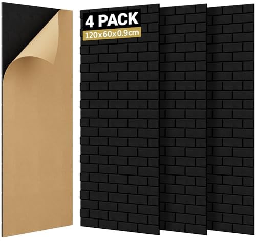 TONOR Ziegeltyp Akustikpaneele selbstklebend, 4 St.120x60x0,9cm Schalldämmung Schallschutzplatten, Wandpaneele selbstklebend für Akustische Behandlung und Wanddekoration in Wohnzimmer, room, Schwarz