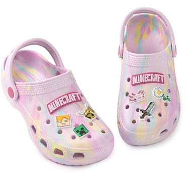 Minecraft Multi Character Clogs in Pink with Multicolour Accents | Girls' Breathable Casual Footwear | Marble Design Featuring Icons | Everyday Wear for Young Gamers