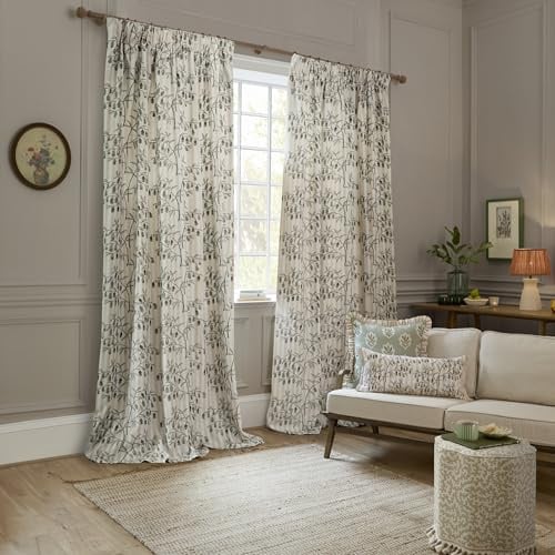 Sanderson Chinese Lanterns Room Darkening Pencil Pleat Curtain Pair– Floral Embroidered Striped Lined Drapes (Linen - 117x183cm)