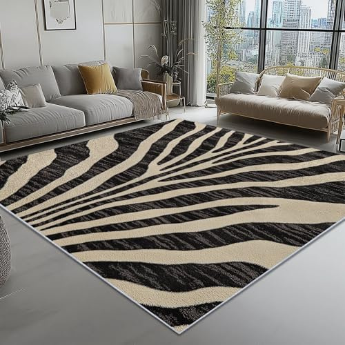 Generisch Beige Schwarz Teppich 180x240 cm rutschfest und waschbar, Gestreift Zebrafell Druck Teppich für Dekoration Schlafzimmer Kinderzimmer Wohnzimmer Kurzflor Läufer