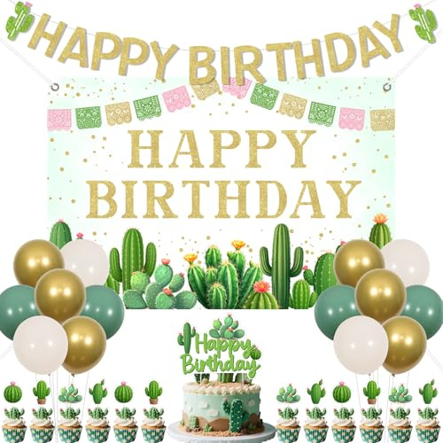 Jollyboom Kaktus-Geburtstagsdekorationen für Frauen, Kaktus-Hintergrund Happy Birthday, Banner, Kuchen, Cupcake-Topper, grüne und goldene Luftballons für mexikanische Fiesta, Taco, Cino de Mayo