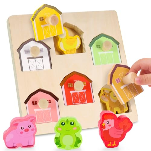 Nabance Wooden Puzzles for 1 2 3 Year Olds Farm Animal Puzzles Peg Puzzle for 1 Year Old Montessori Toys for Toddlers, Birthday Easter Christmas Girls and Boys Gifts