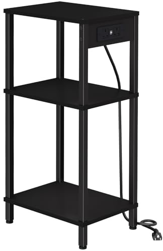 Asgolion Tall Side Table with Charging Station, 3 Tier Slim Side Table with USB Ports and Outlets, Narrow Tall Nightstand with Storage for Bedroom, Living Room, Office, Black