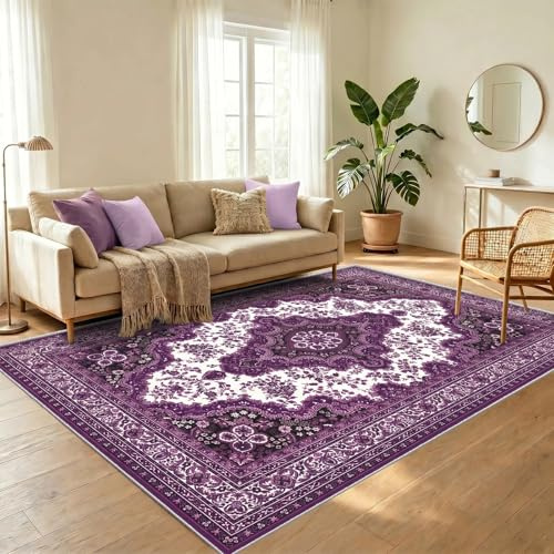 WUTONG Lila Teppich Wohnzimmer 140x200 cm Waschbar,Vintage Teppich Orientalisches,Kurzflor rutschfest & Weich,Klassisches Medaillon Design für Schlafzimmer
