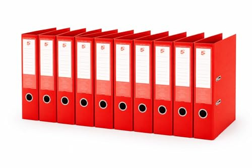 5 Star Aktenordner Rot 70 mm A4 Rücken (10 Stück) - Hebelordner PVC, mit Niederhalter und Griffloch