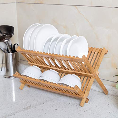 Abtropfgestell Mit Besteckkorb Abtropfgitter Bambus Klappbar Für Große Teller Und Tassen Als Geschirr Abtropfkorb Und Holz Geschirrkorb Mit Bestecksammler, Natur,B