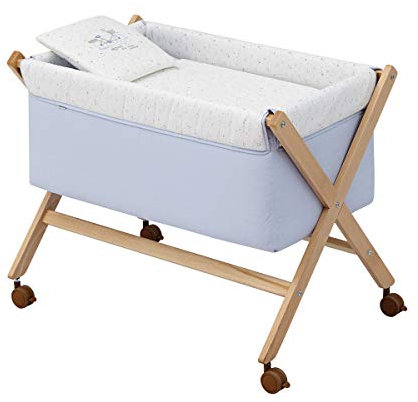 Cambrass Mini-Babybett mit gekreuzten Beinen und Rollen mit Bremsen, Babybett für die ersten Monate des Babys, leicht zu transportieren, Mini-Kinderbett aus Holz, 55 x 87 x 74 cm, Himmelblau/Natur