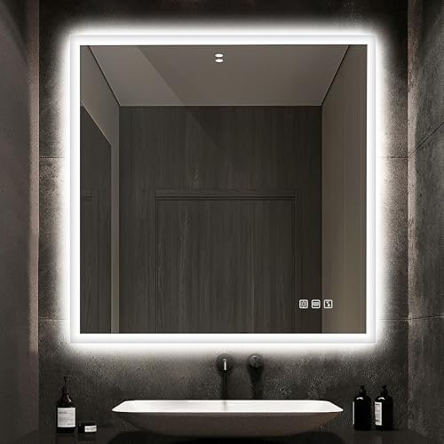 STARLEAD Badspiegel-mit-Beleuchtung 80x80 cm, LED-Spiegel-Bad-mit Bluetooth, Entfoggen, IP44 Badezimmer-Spiegel-mit-Licht 3 Farbtemperaturen, Dimmbar, Speicherfunktion, HD Hartglas